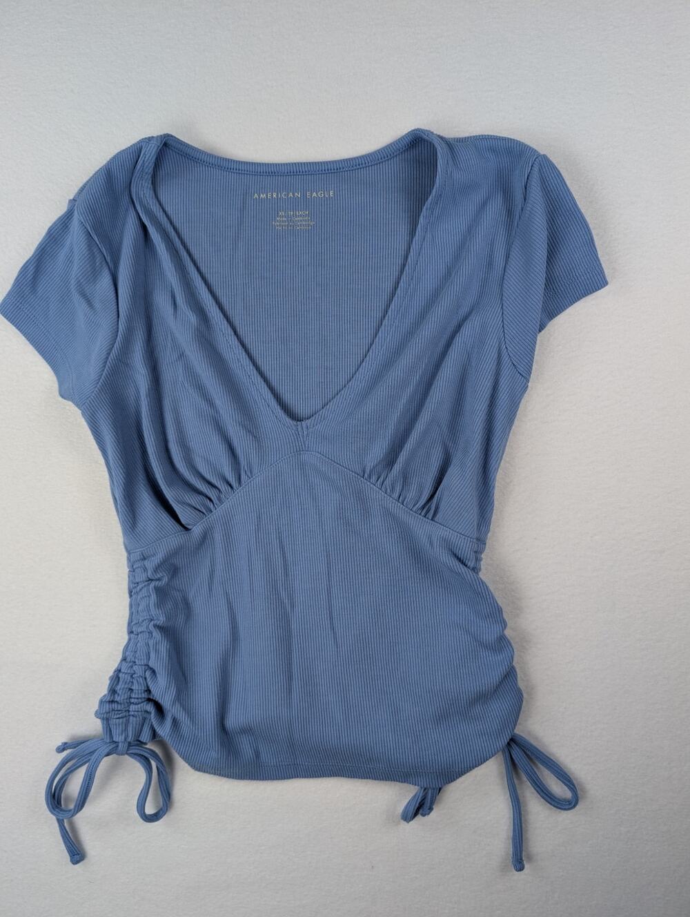 American Eagle Blue Ribbed Ruched Side Tie V-Neck Top XS Y2K